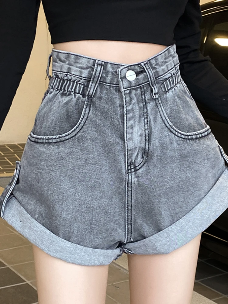 Streetwear Women Elastic Waist Wide Leg Retro Denim Shorts Spring Summer Female Button Loose Jeans Shorts Bottoms