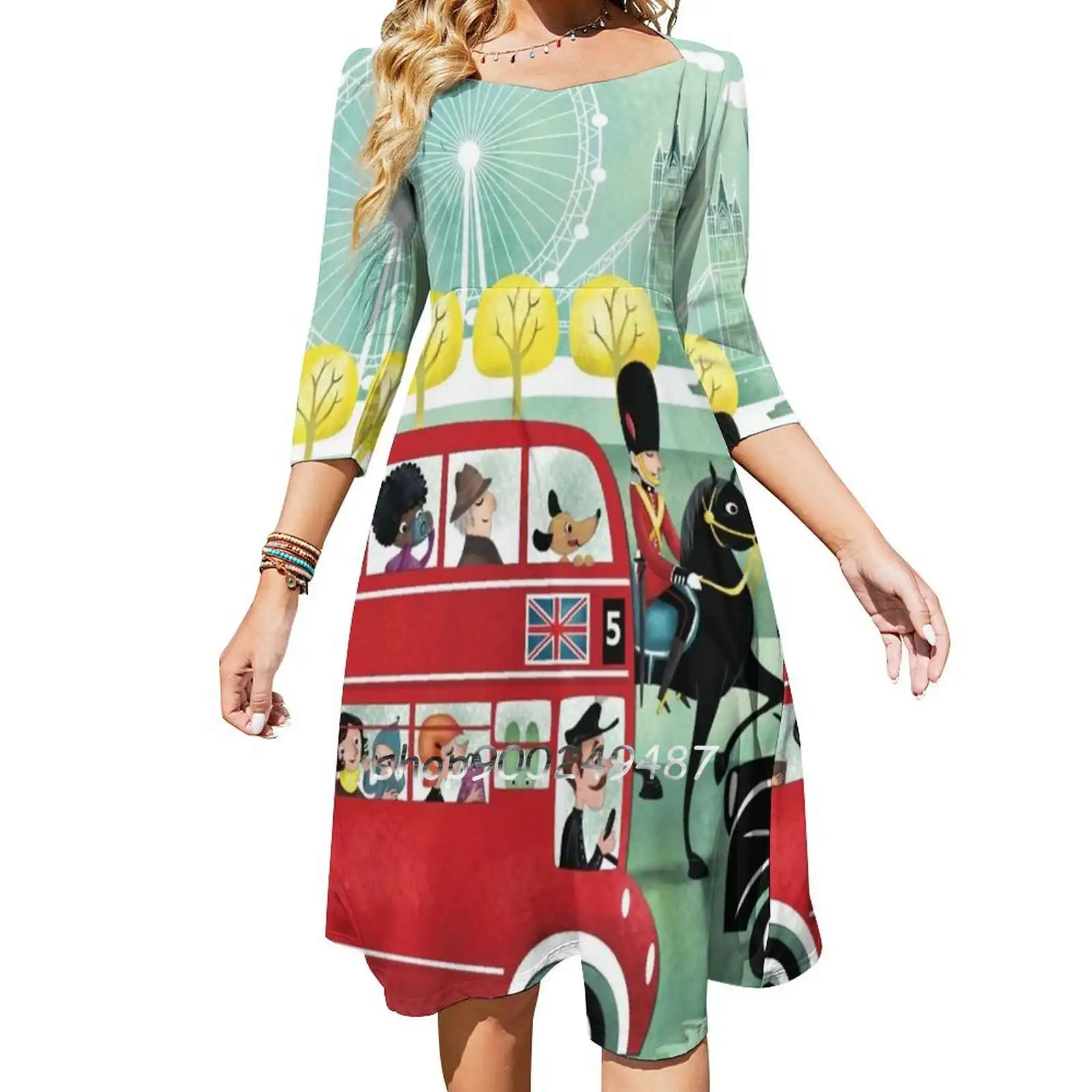 

Happy London Flare Dress Square Neck Dress Elegant Female Fashion Printed Dress London Kids Happy Bus Big Ben Big Eye Eye Town