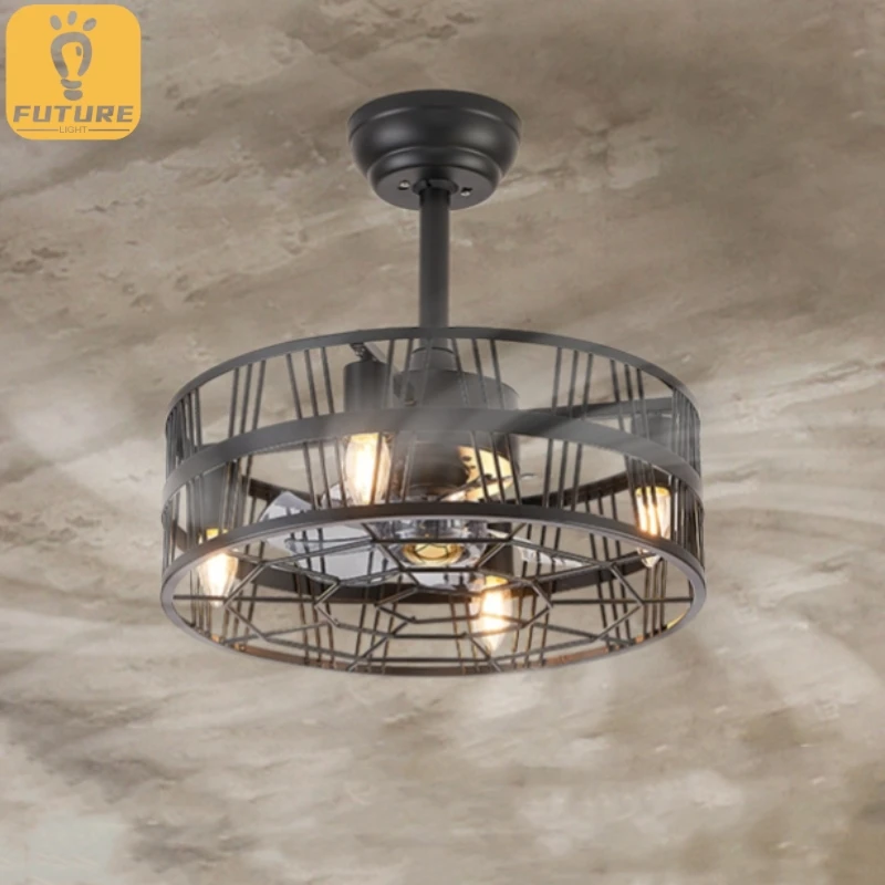 

Industrial Iron Ceiling Fan Lamp Metal Frame Led Dining Living Room Kitchen Decor Electric Ceiling Fan with Light and Control