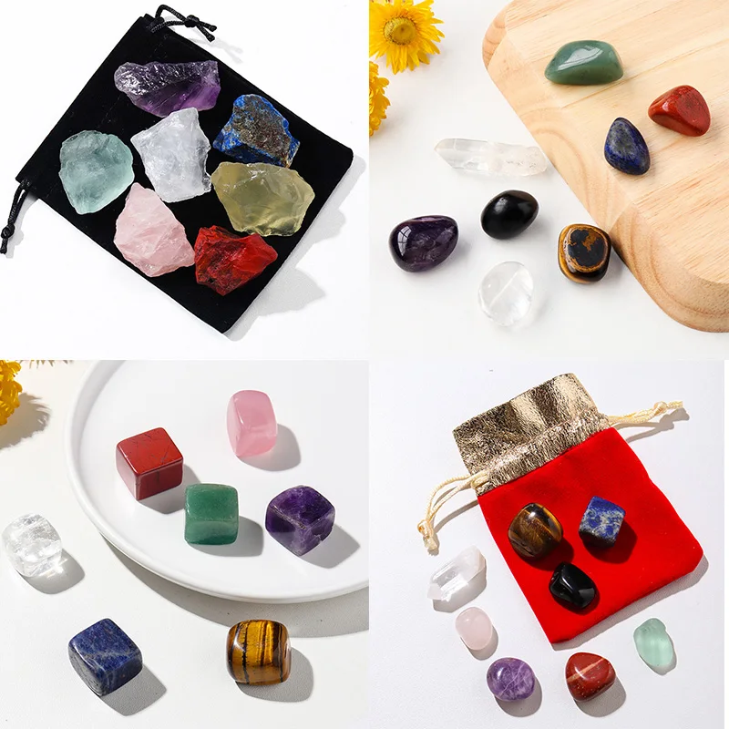

4 размера 8 шт./компл. 7CHAKRA с натуральными кристаллами гравия кристаллический необработанный камень YoGa Energy Gem Chakra Bag Set