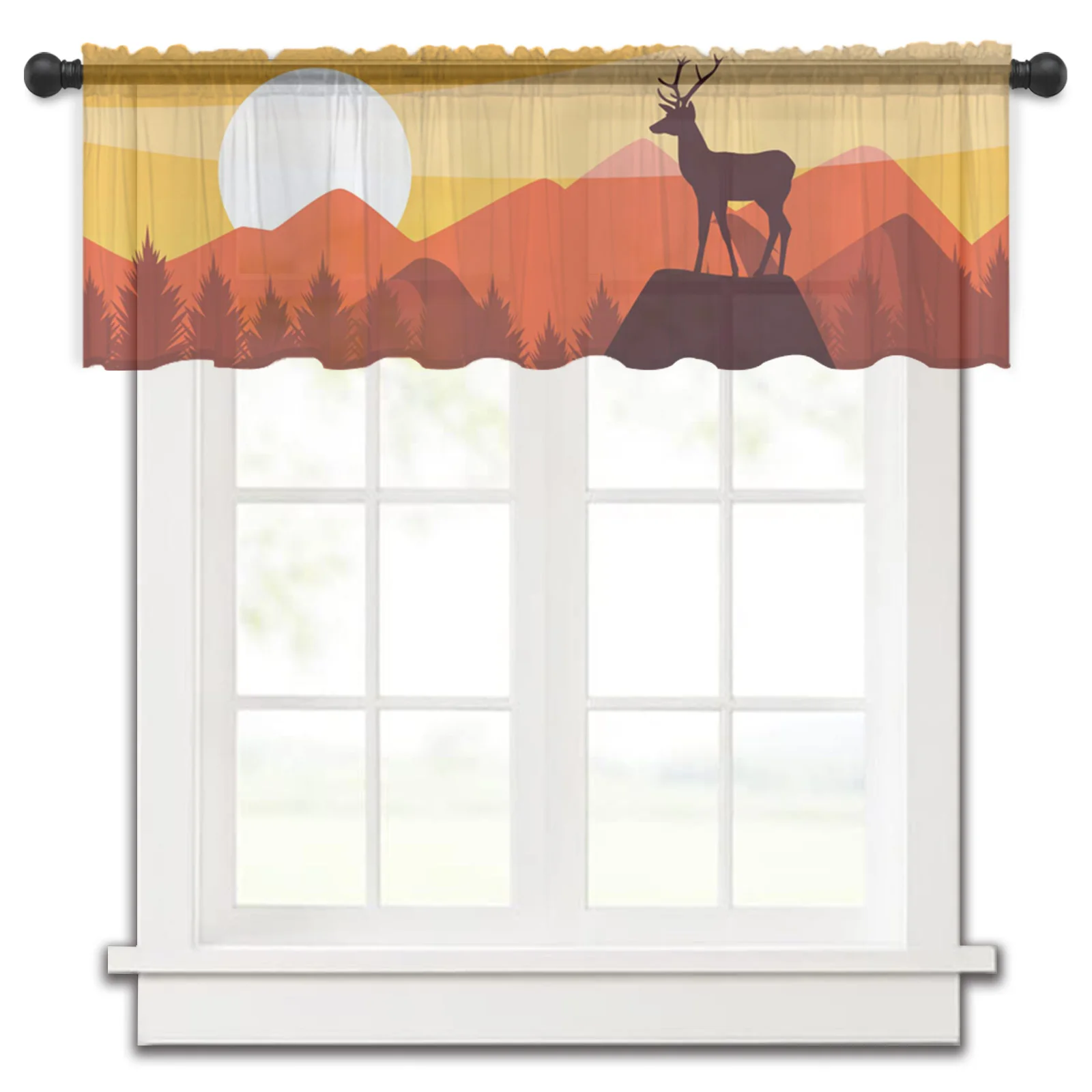 

Deer Silhouette Sunset Kitchen Small Window Curtain Tulle Sheer Short Curtain Bedroom Living Room Home Decor Voile Drapes