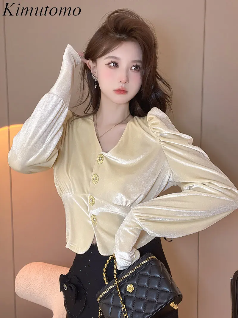 

Винтажная дизайнерская однотонная короткая бархатная рубашка Kimutomo со складками, женская элегантная универсальная Блузка с V-образным выре...