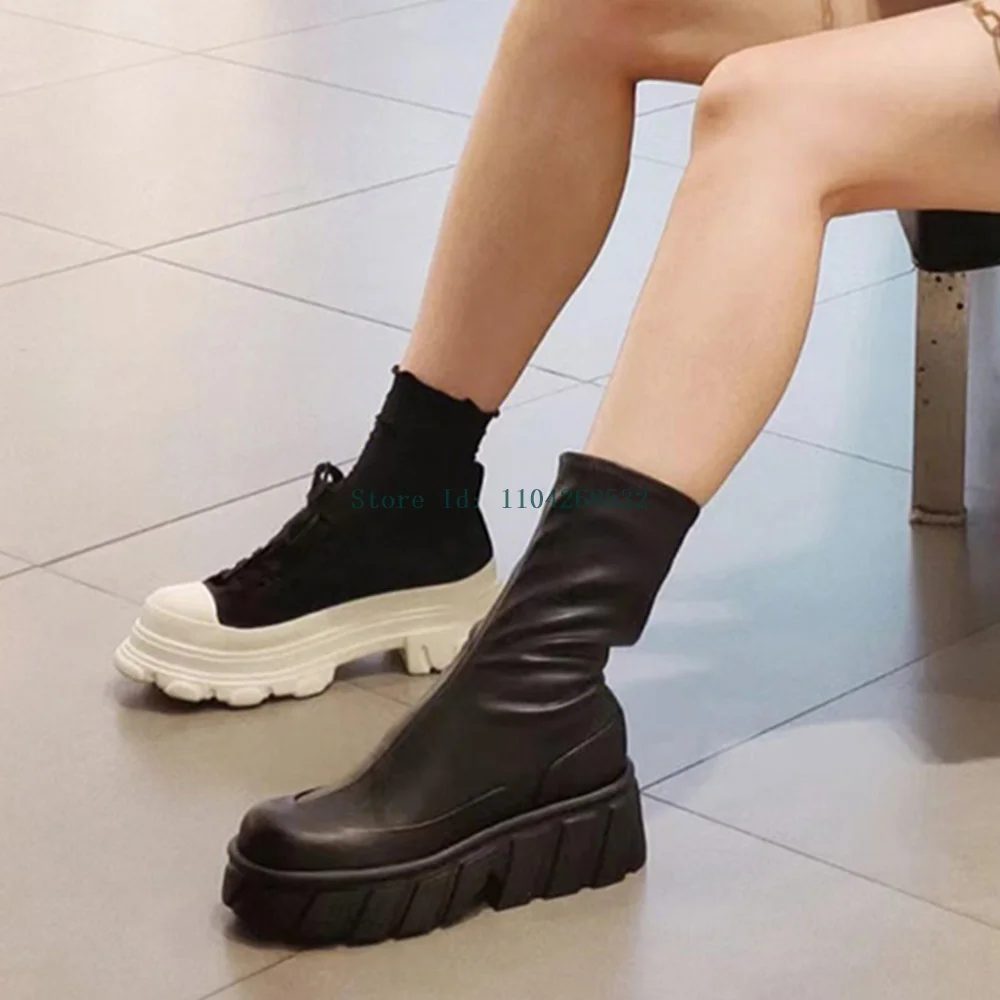 Эластичные ботинки из натуральной кожи на толстом каблуке сексуальные