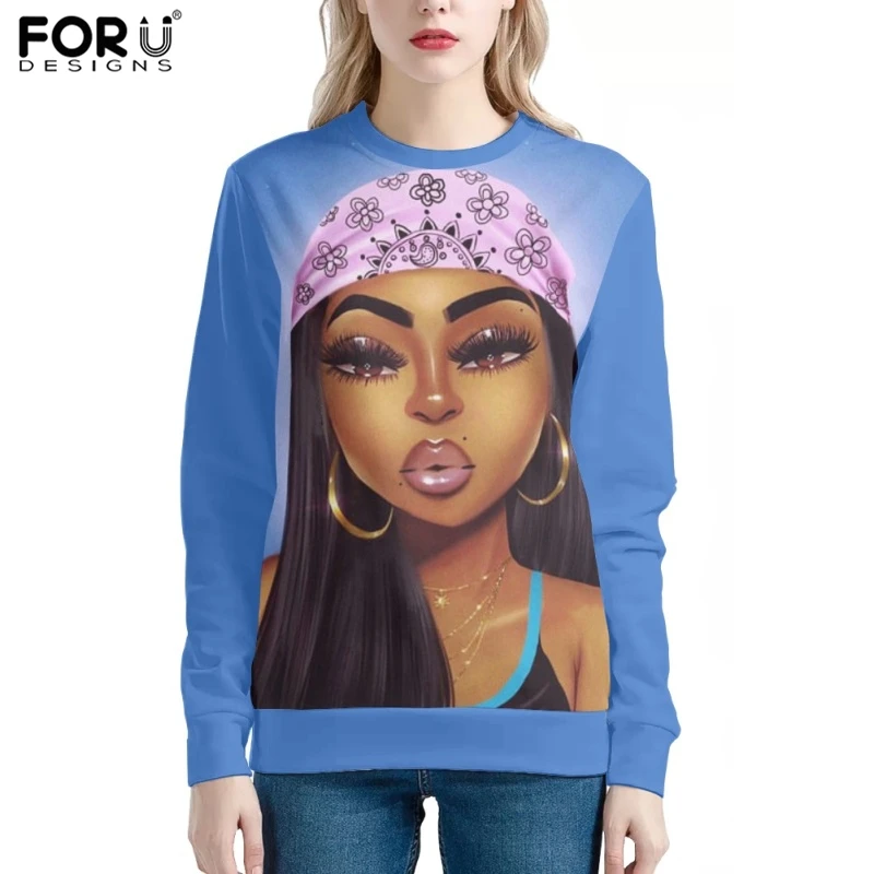 

FORUDESIGNS Cool Black Girls Print Ladies Long Sleeve Hoodies Oversized Long Sleeve Tops Sweatshirt for Women Casual Pullover