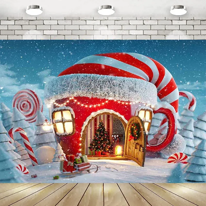 Backdrops Photography Christmas Candy Canes House Village Snow Pine Background Winter Snowflakes Xmas Decor Banner Birthday