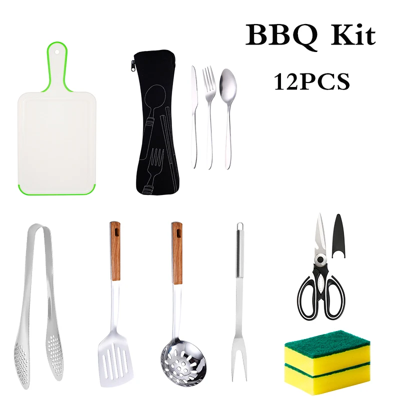 

12PCS Camping BBQ Cookware Kitchen Tools Cutlery Set Portable BBQ Storage Bag Stainless Steel Cooking Baking Utensils