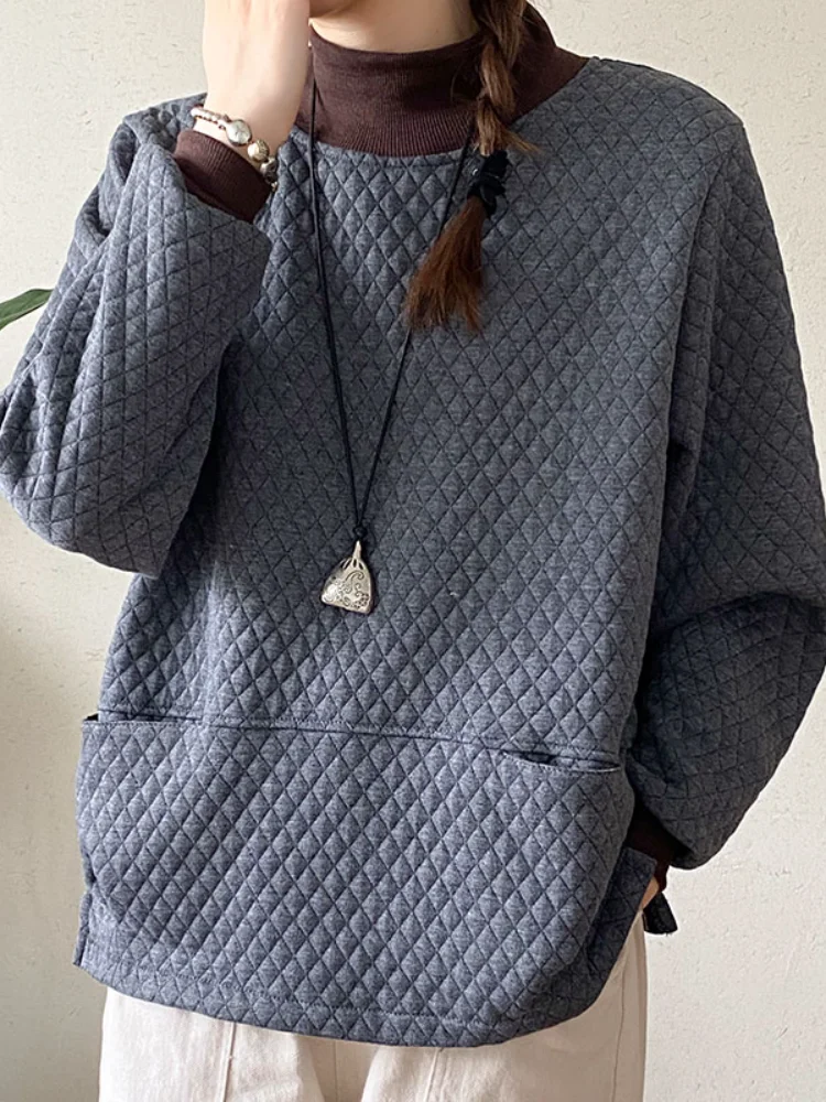 

Sweatshirts Ladies Tops Fashion Leisure Winter Pullover Splicing Loose Long Sleeves Crew Neck Retro Literature and Art Tenafeicc