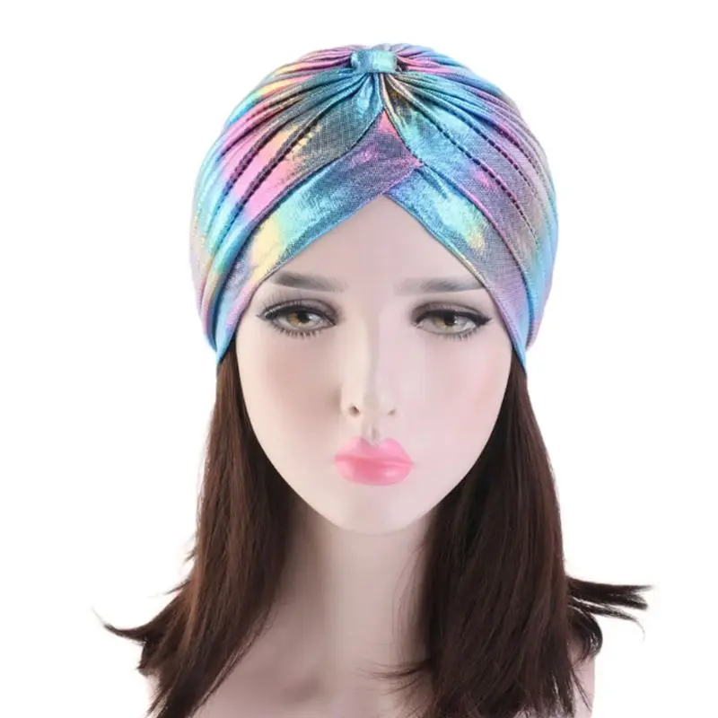 

Women Rainbow Metallic Arab Turban Hat Twisted Front Pleated Headwrap Glitter Beanie Muslim Hijab Hair Loss Chemo Drop Shipping