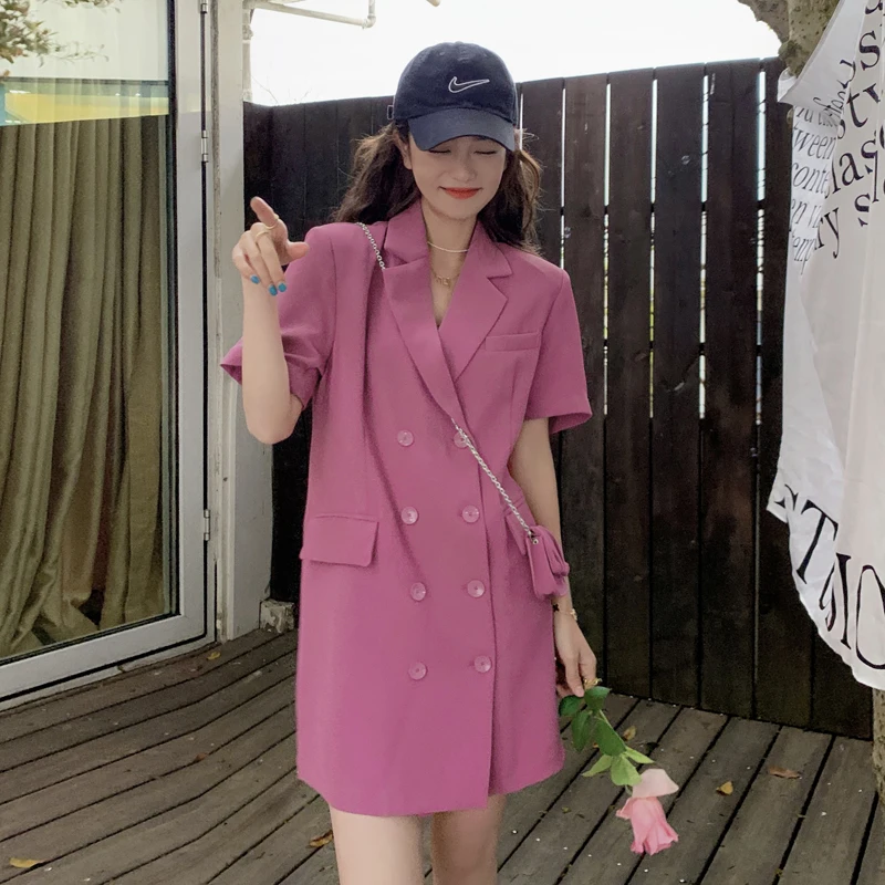 

Suit Collar Double Breasted Purple Red Mini Dress Women 2023 Summer Elegant Korean Style Loose Short Sleeve Casual Dresses 9999