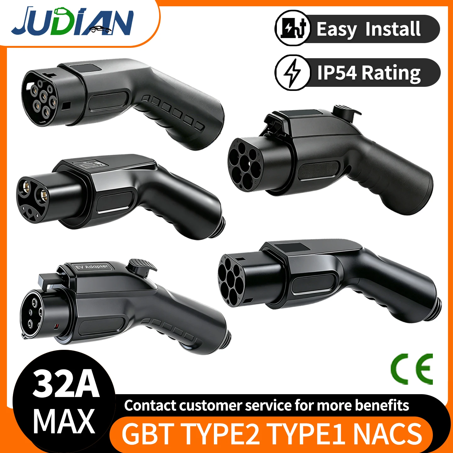 Фото Зарядное устройство для электромобилей Type 2 IEC 62196 Type1 GBT NACS, зарядный пистолет 16А 3.5кВт / 32А 7кВт, AC зарядный коннектор для электромобилей, портативный зарядный пистолет EVSE №1