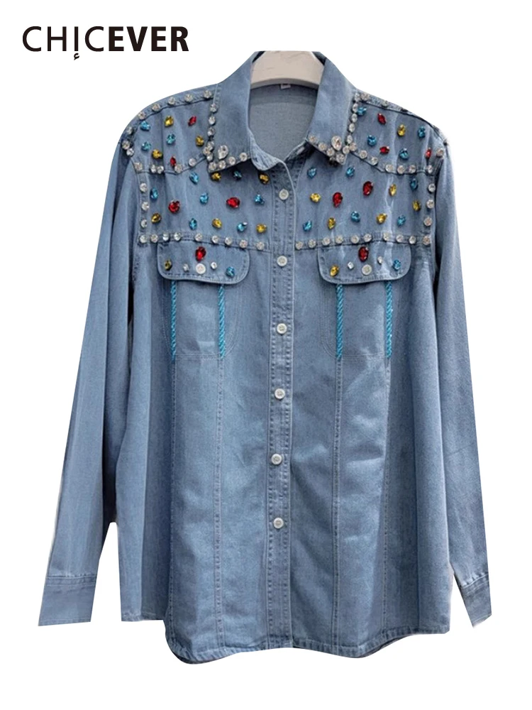 

CHICEVER Colorblock Loose Denim Shirts For Women Lapel Long Sleeve Patchwork Diamond Single Breasted Casual Blouse Female 2023