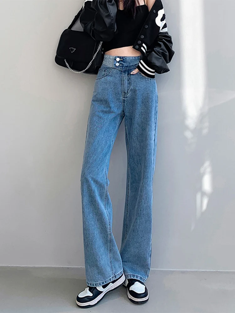 Jeans Hight Waist Women Mom Fashion Elastic Waist Denim Pants Straight Leg Loose Fit Streetwear Summer Style Baggy Trousers