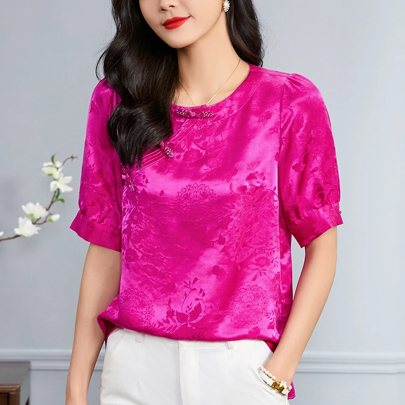 2022 Summer Women's Vintage Shirt Chinese Style Elegant O-neck Short Sleeve Woman Shirts Blouses 100% Real Silk Floral Blouse