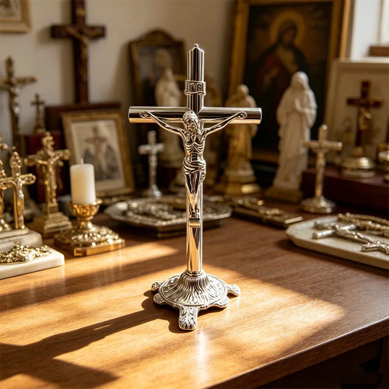 Фото Новый металлический католический крест-распятие с надписью INRI «Иисус Христос», серебристый или розово-золотой, алтарный крест для украшения дома и церкви, подарок. №1