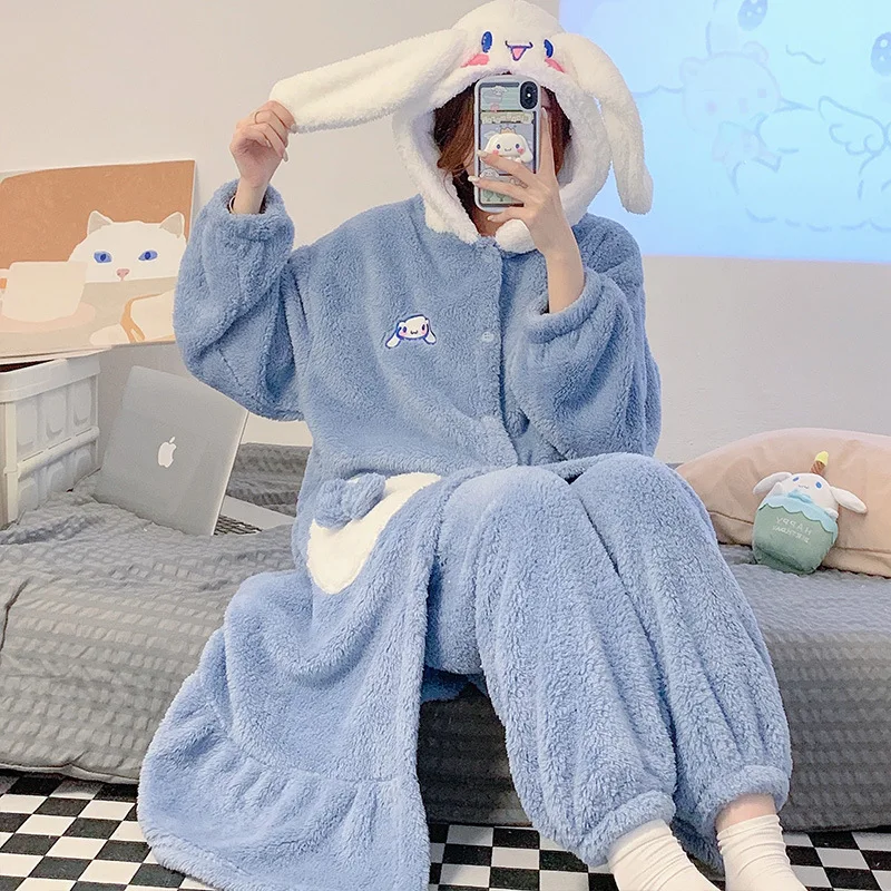 Women Girls Pijama Sets Coral Fleece Nightgown Winter Suits Robe Set Thicken Warm Bathrobe Hooded Home Clothes Kawaii Pajama Set