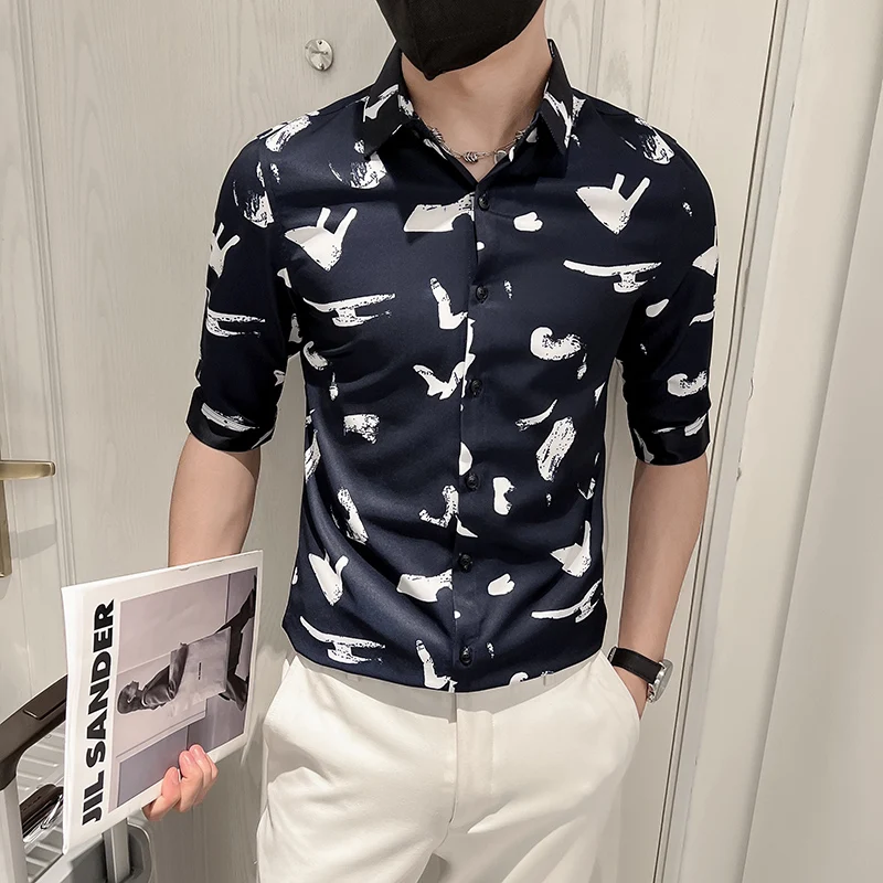 Fun Printed Shirts for Men 2022 Summer Half Sleeve Slim Casual Business Formal Dress Shirt Social Party Tuxedo Tops Men Clothing