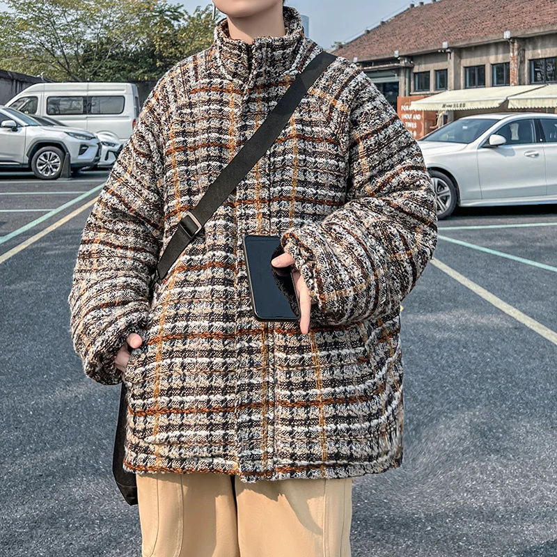 Winter Jacket Men Warm Fashion Oversize Retro Thick Plaid Jacket Men Streetwear Korean Loose Thicken Short Coat Mens Clothes
