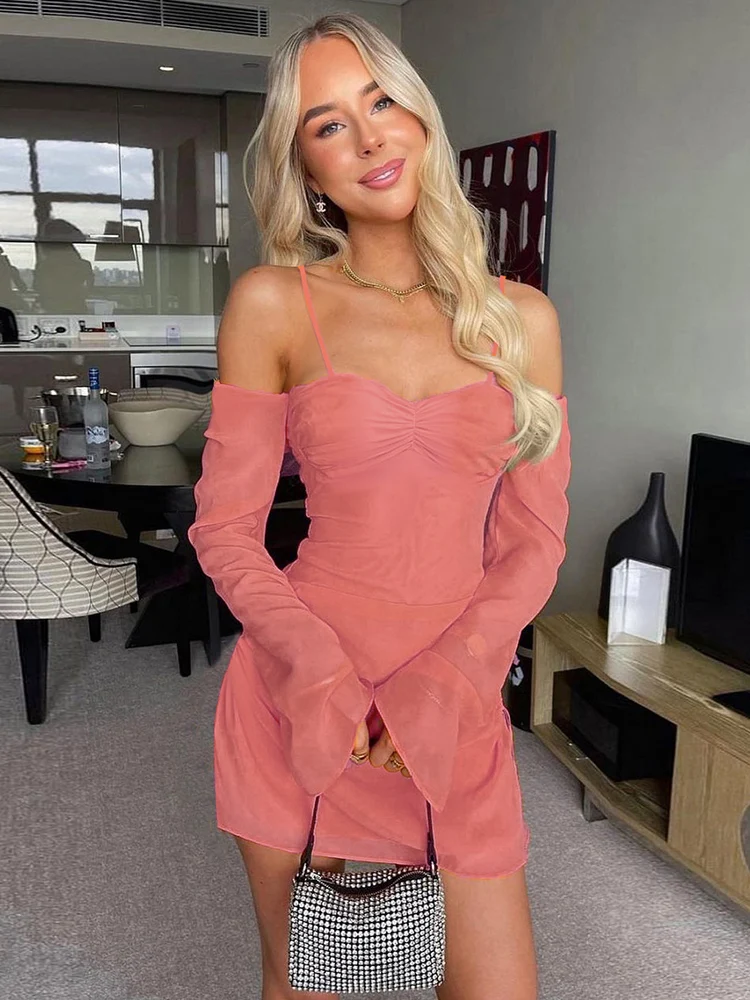 

Beyouare Sexy Off Shoulder Flare Sleeve Mini Dress Women Spaghetti Strapdress Slim Solid Bodycon Aesthetic Chic Elegant Female