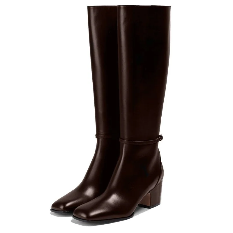 

Коричневые/черные рыцарские сапоги с квадратным носком, роскошная дизайнерская обувь, повседневные сапоги до колена из мягкой кожи с застежкой-пряжкой, женская новая обувь большого размера