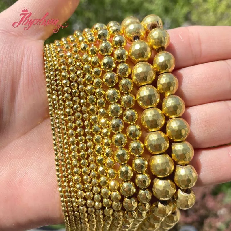 

2/3/4/6mm Natural Gold Hematite Faceted Round Loose Stone Beads For DIY Necklace Bracelet Jewelry Making Strand 15"Free shipping