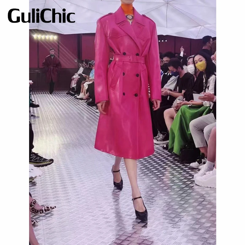 

9.20 GuliChic Women High Street Fashion Double Breasted With Belt Back Split PU Leather Midi Trench Coat