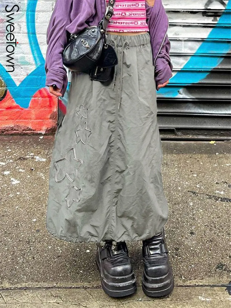 

Sweetown Star Pattern Y2K Long Skirts Womens Aesthetic Grunge Clothes Cargo Style Low Waist A Line Skirt With Drawstring Hem