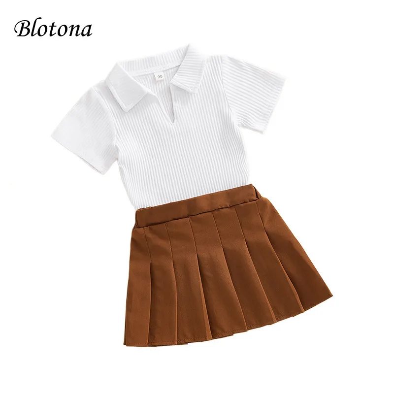 

Blotona Little Girls Fashion 2Pcs Skirt Suit, Summer V-neck Short Sleeve Ribbed T-shirt Tops and Brown Pleated Skirt, 18M-6Y