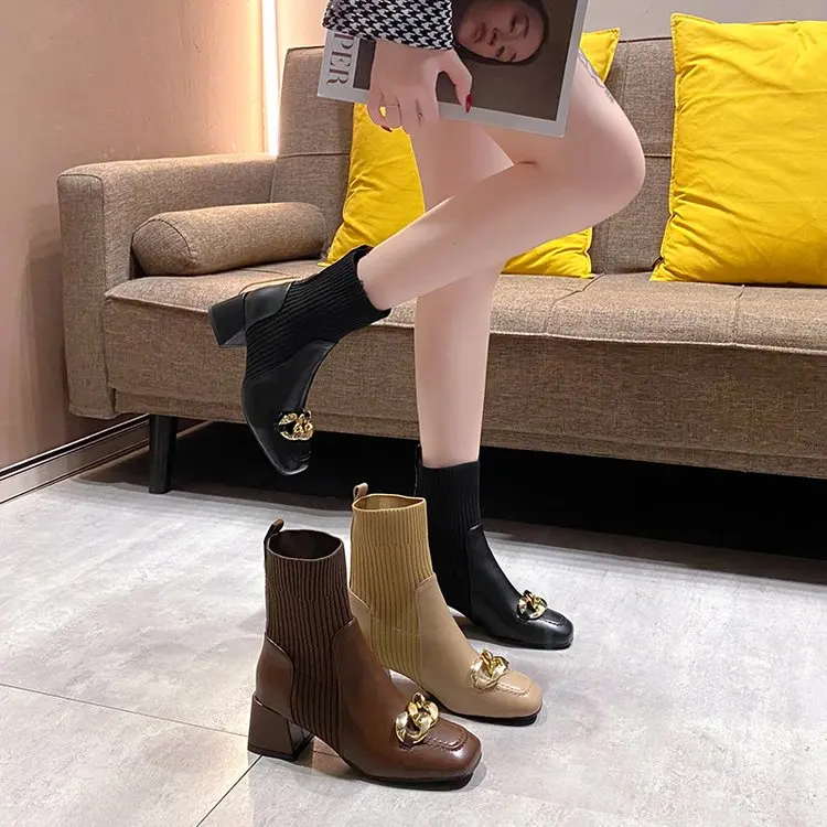 2022 Autumn New Fashion Boots Women's Shoe Sleeve Winter Cloth Fashion Boots Coarse Heel PU Mid Heel