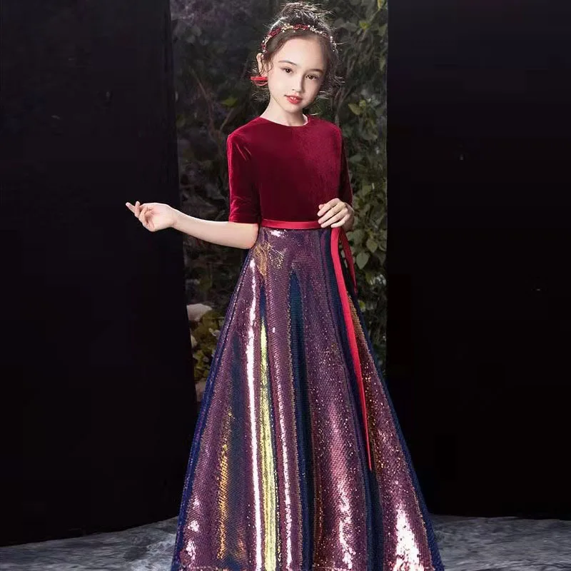 Girl's birthday party dress high-end velvet stitching little princess runway piano performance little host acting costume enlarge