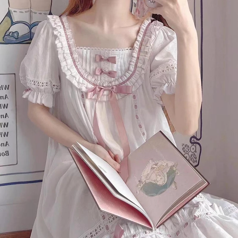 Весенне-осенняя ночная рубашка с бантом для молодых девушек кружевная милая