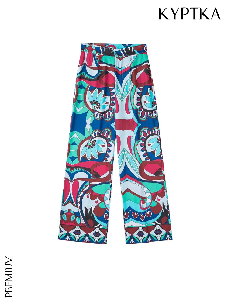 

KYPTKA Women Fashion Side Pockets Printed Wide Leg Pants Vintage High Waist Zipper Fly Female Trousers Mujer