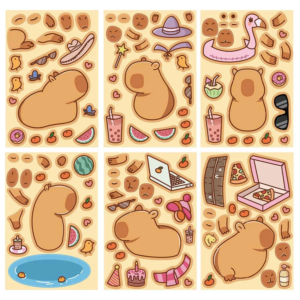 

8/16Sheets Cartoon Cute Capybara Make-a-face Puzzles Varied Graffiti Stickers Travel Luggage Phone Helmet DIY Comics Party Gifts