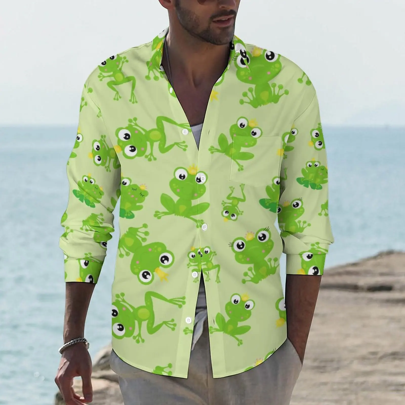 

Frog Prince Shirt Cute Animal Print Casual Shirts Long Sleeve Custom Streetwear Blouses Spring Vintage Oversized Top