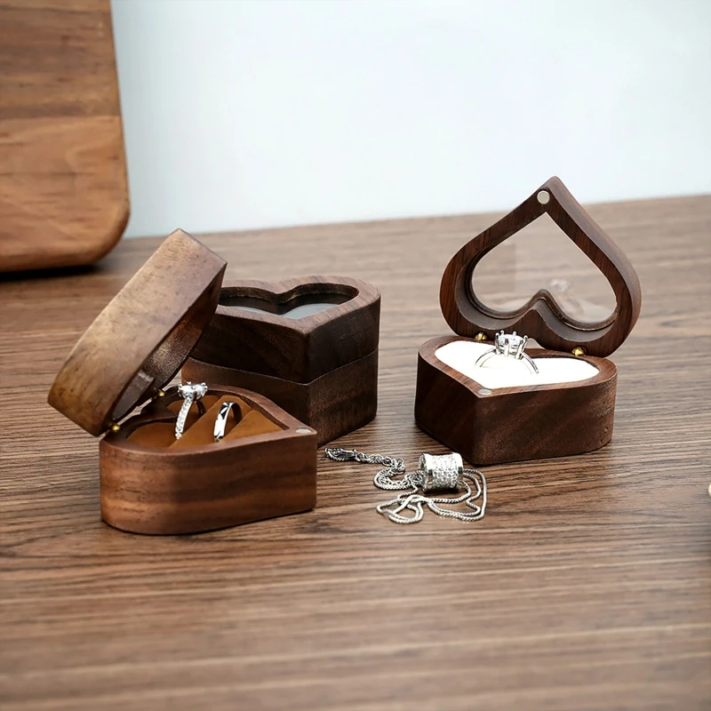 Wedding Love Ring Box Walnut Pair Storage Packaging Gift Heart-shaped Wooden Ear Stud Earrings Jewelry |