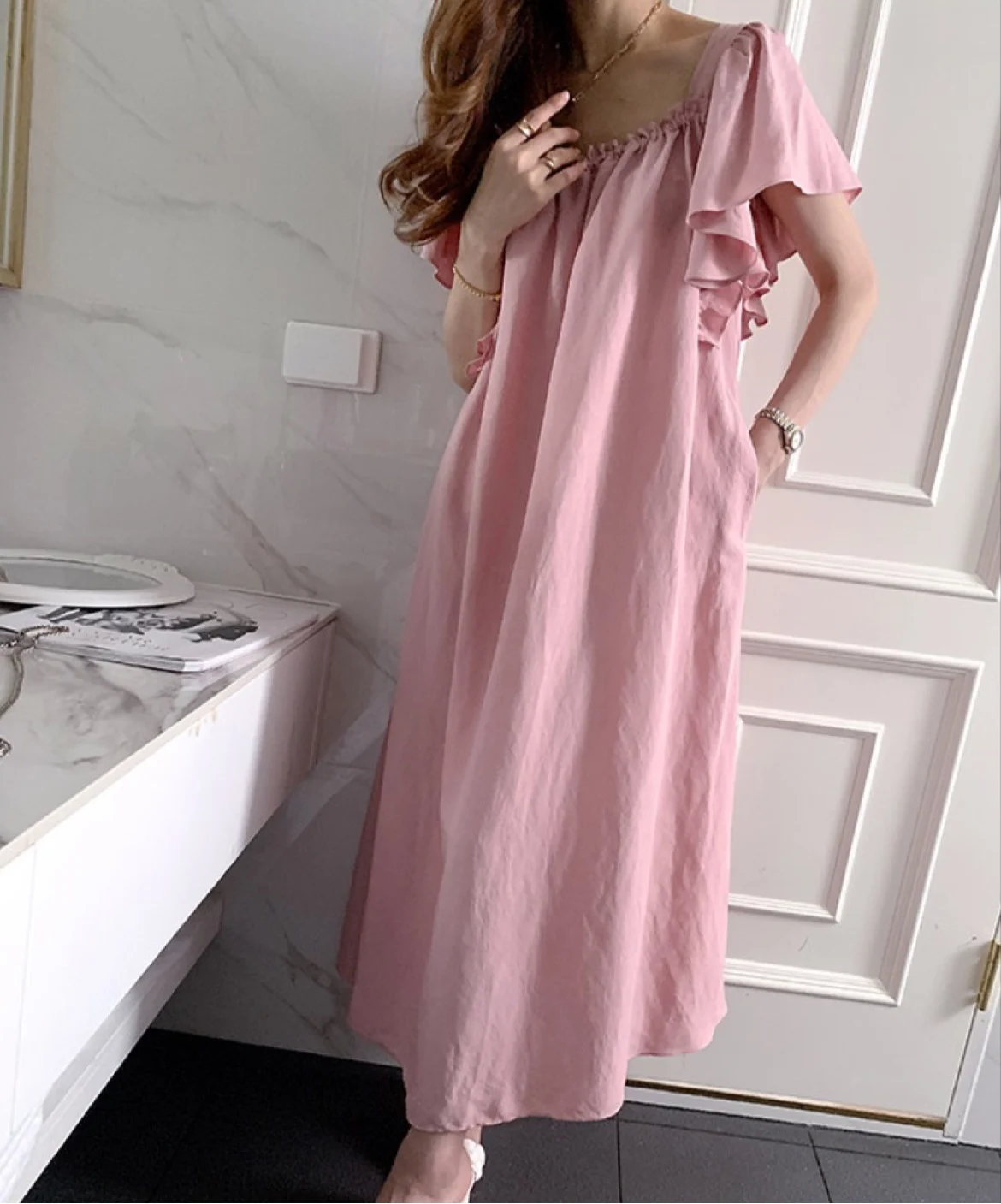 

SuperAen 2022 Summer Sweet Square Collar Butterfly Sleeve A-LINE Casual Thin Loose Dresses for Women