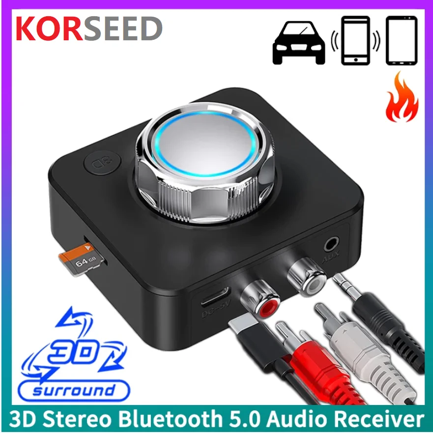 

Korseed Bluetooth 5.0 Wireless Audio Receiver Audio Adapter with 3D Bass Mode for Car Kit Home Stereo TF Card RCA 3.5mm AUX Jack