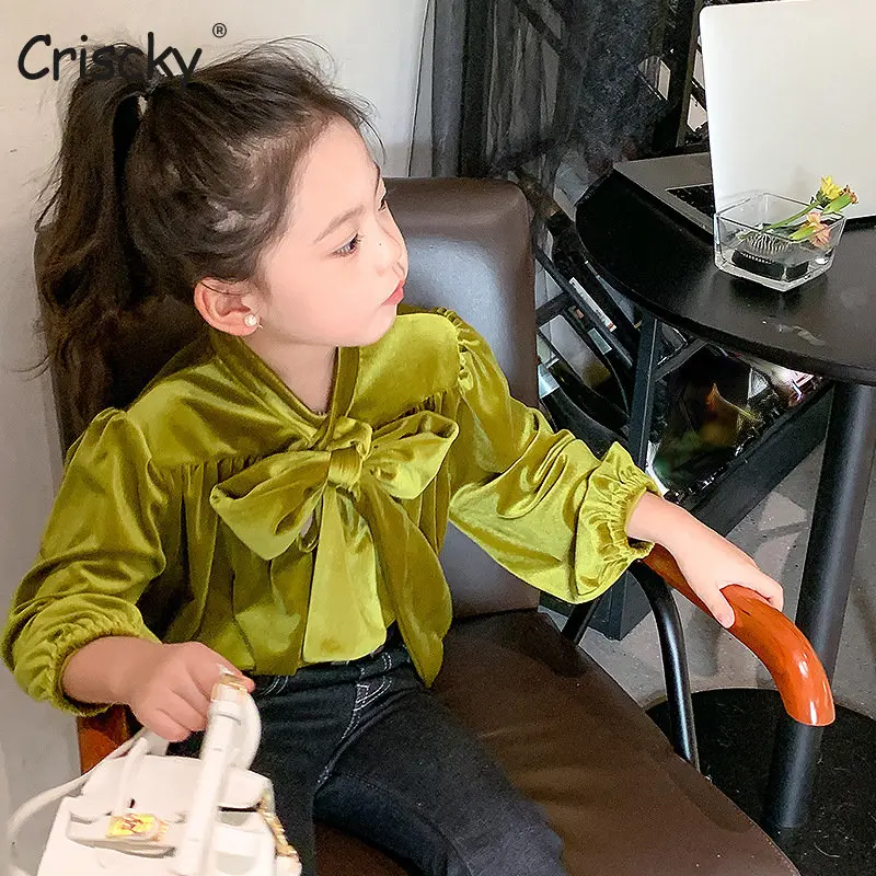 

Criscky 2022 Spring Autumn Toddler Kids Shirt Fashion Full Tops Baby Girls Long Sleeve Blouse Shirt Girls' Big Bow Velvet Top