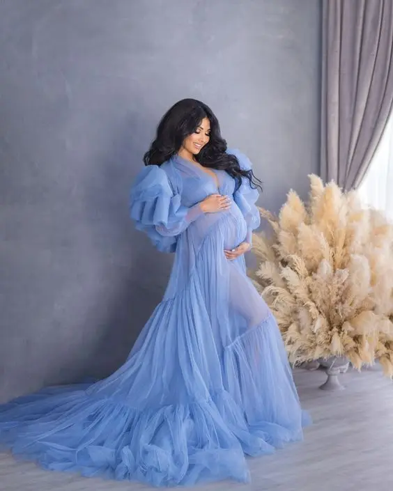 Designer Maternity Gown for Photoshooting Sky Blue Tulle Long Sleeve Open Front Robe Maternite Grossesse