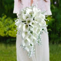Handmade Waterfall Shape Bridal Bridesmaid Bouquet Wedding Holding Floral White PE Calla Lily Artificial Flower European Style
