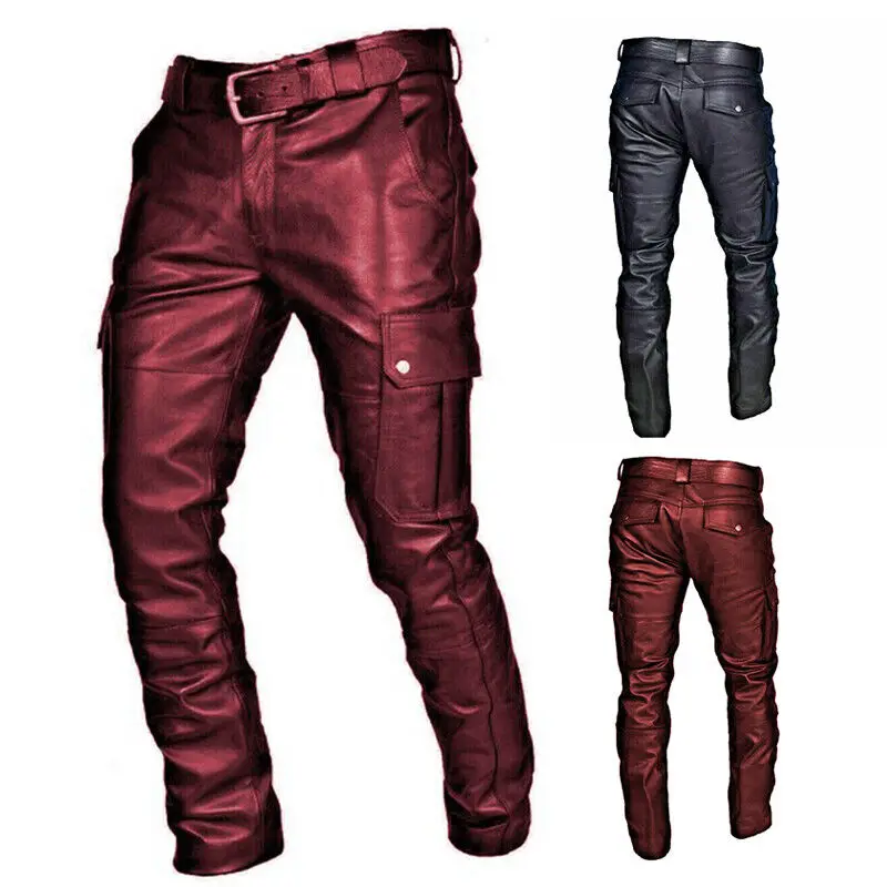 Men Jeans Pants Bottoms Trousers Motorbike Pants PU Leather Steampunk Gothic European and American Fashion Trends