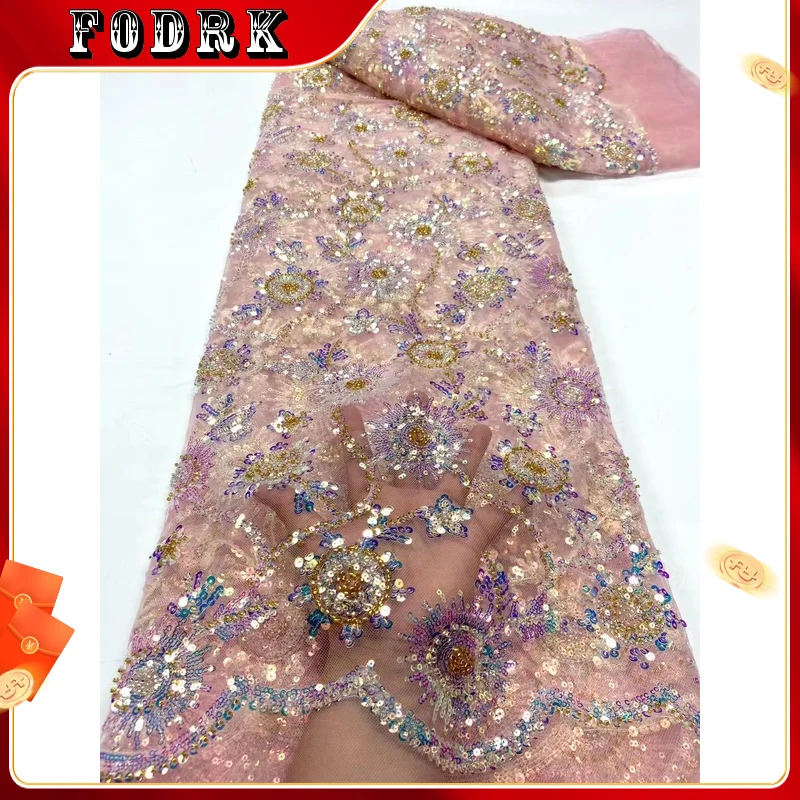 

Luxury African Lace Fabric 2023 High Quality Sequins Beads Lace Fabrics For Nigerian Wedding French Tulle Lace Fabric