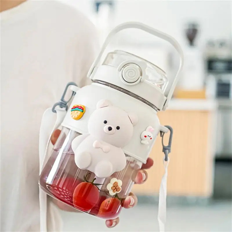 

Kettle With Adjustable Strap Portable Cute Bear Double Drink Straw Food Grade Material Outdoor Travel Drinkware Big Belly Cup