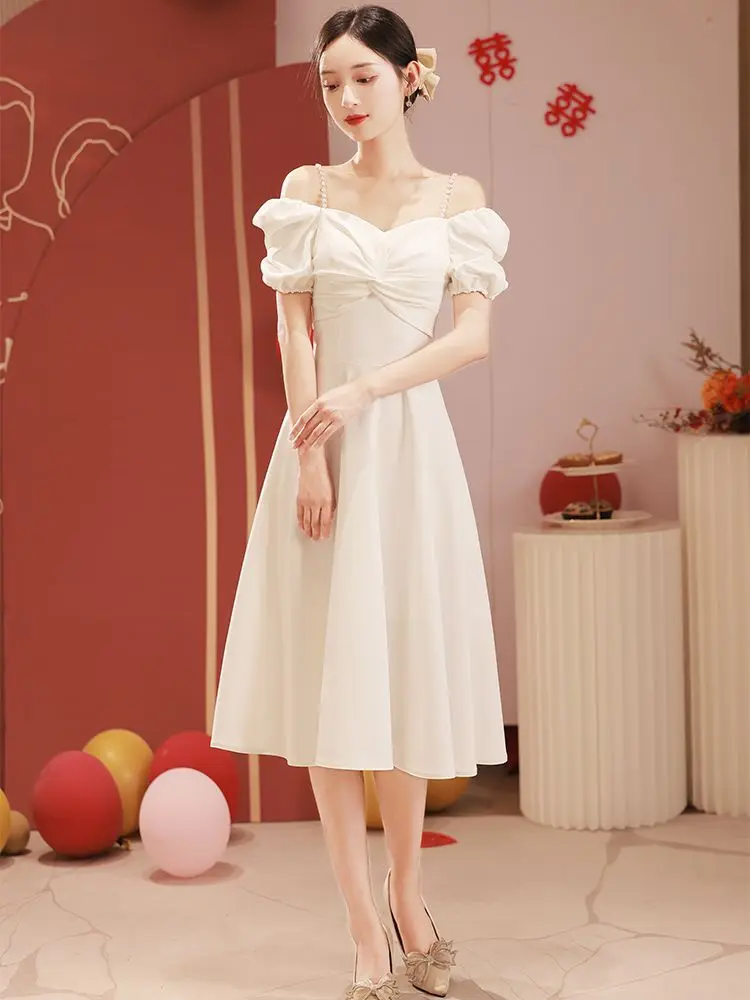 

Женское платье с открытыми плечами, длинное простое платье с бантом, украшенное бисером, с коротким рукавом, лето 2023