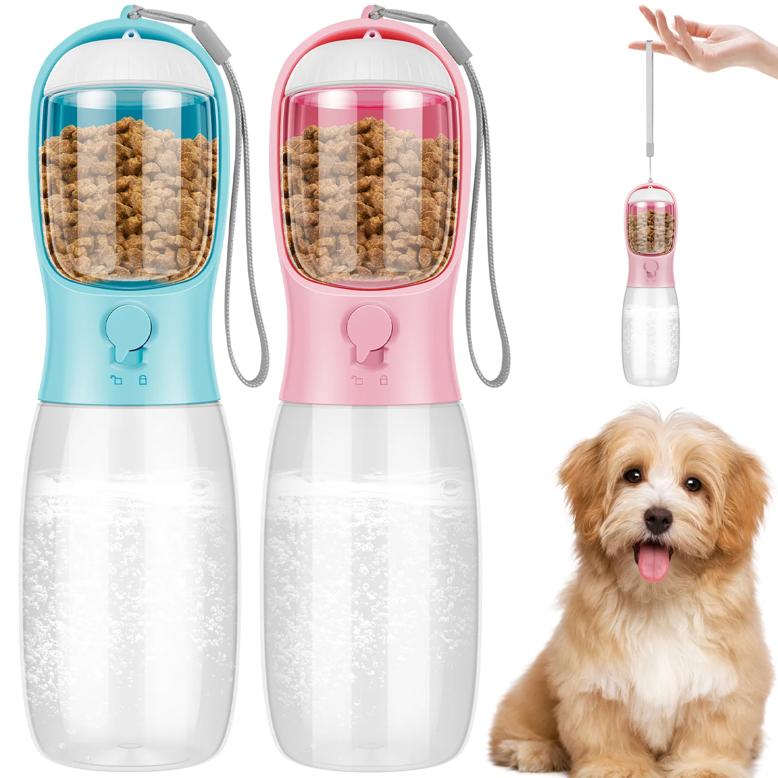 

Dog Water Bottles with Food Container 550ml Portable Dog Water Bottle Dispenser Leak Proof Dog Walking Bottle Reusable Pet
