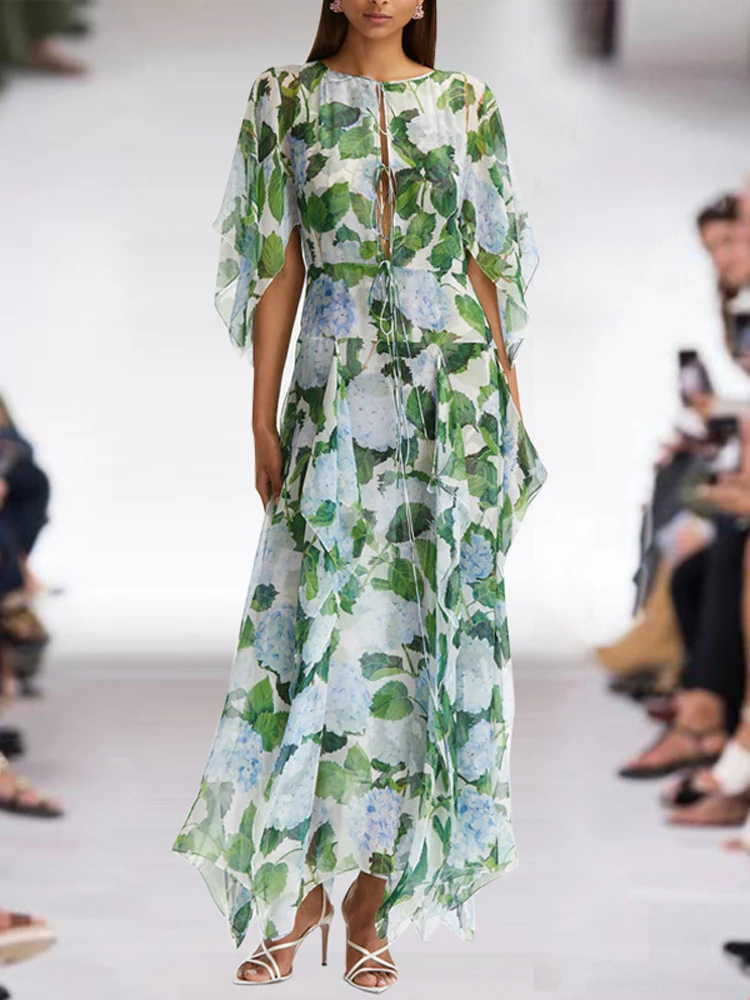 Runway Summer Long Bohemian Holiday Dresses Women 2023 Elegant Asymmetrical Ruffles Maxi Chiffon Vestidos Green Print Beach