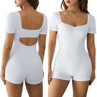 women sexy backless playsuit solid color short sleeve low cut neck cutout back casual elastic rompers