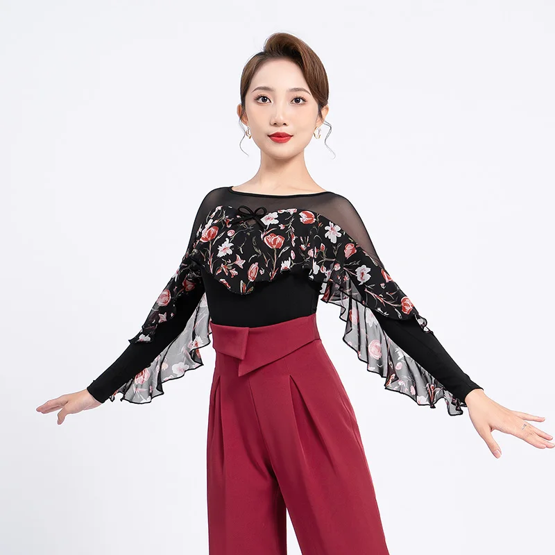 

Ballroom Dance Practice Wear Black/Blue Long Sleeve Ruffle Bodysuit Female Tango Performance Clothes Prom Waltz Dancewear YS4553