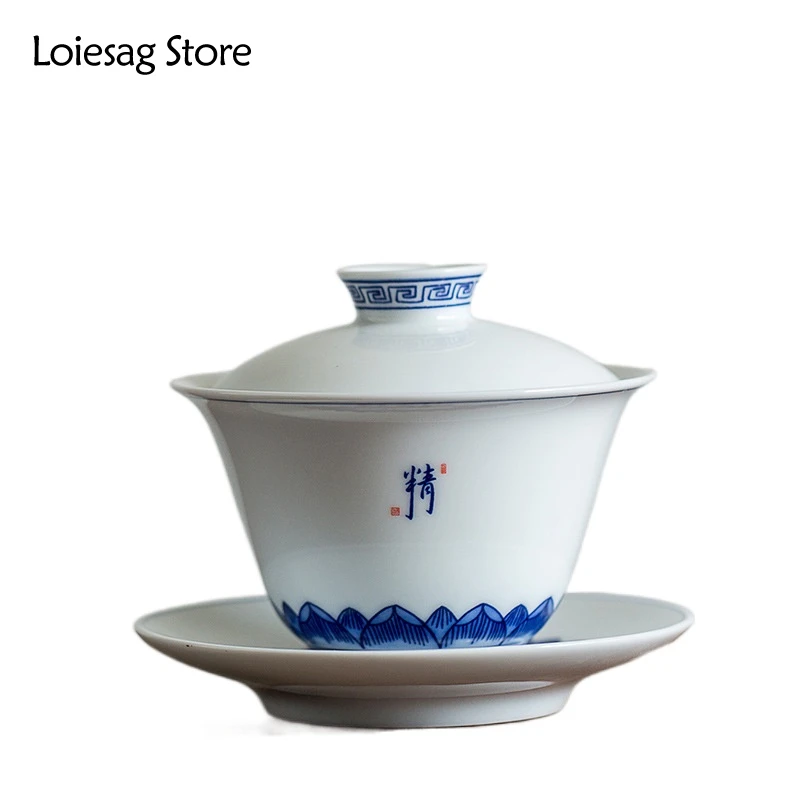 

Loiesag Ceramic Large Blue And White Sancai Cover Bowl Home Simple High White Porcelain Kung Fu Tea Set Tea Cup And Tea Bowl