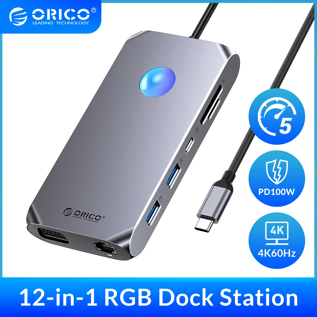 

ORICO RGB USB C док-станция с 4K60Hz двойной HDMI-совместимый VGA DP Ethernet 100 Вт PD концентратор SD/TF 3,5 мм для ноутбука Macbook Pro