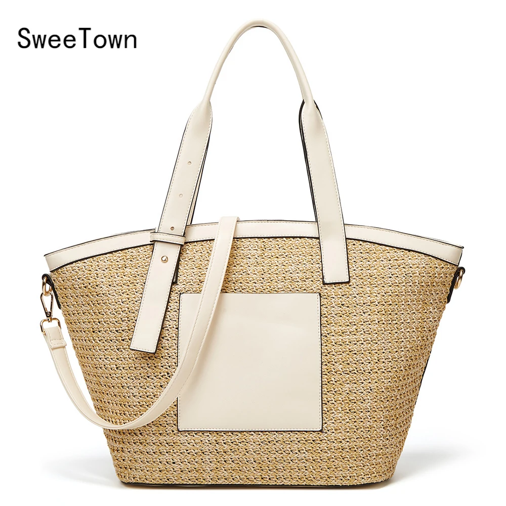 

Sweetown Fashion Casual Tote Bag Women Straw Woven Shoulder Bag Large Capacity Eco Handbag For Travel Shopping Bag Designer Bag